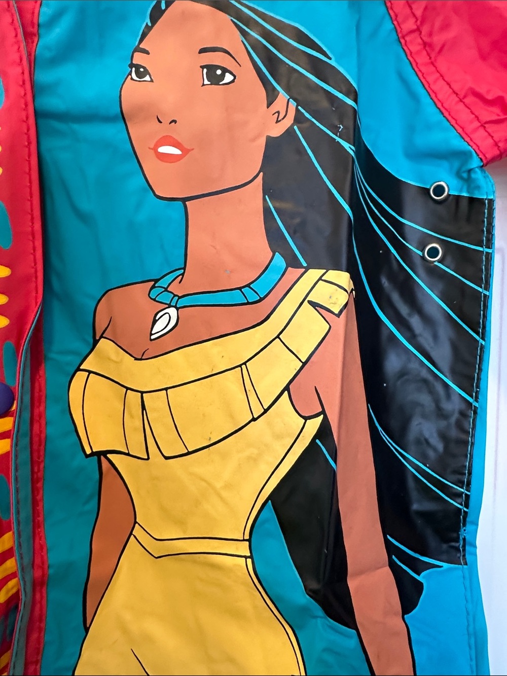 Vintage Disney Pocahontas Red & Teal Hooded Rain Jacket with Character Graphic - Picture 2 of 7